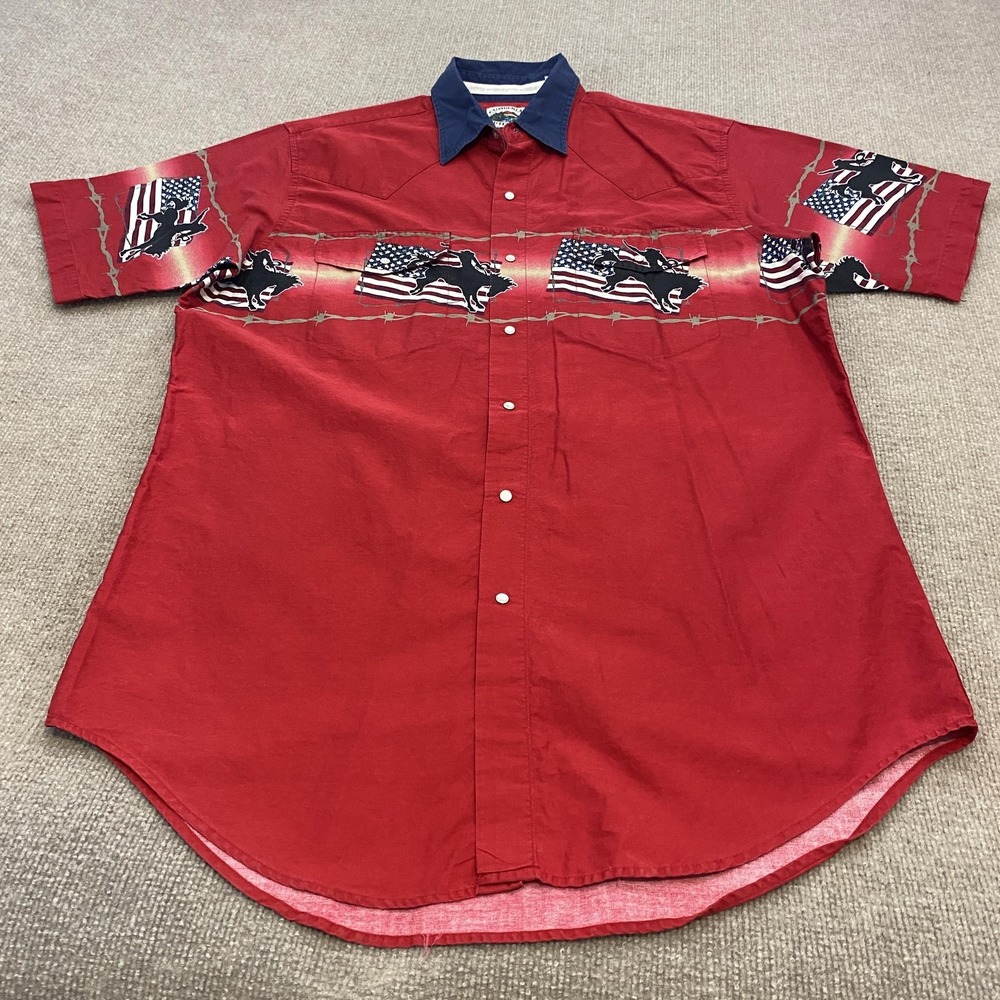 VTG Cumberland Outfitters Shirt Mens XL Red Western Short Sleeve Snap Patriotic